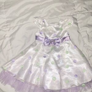 Youngland White Satin Dress with Lavender Bow and Pastel Polka Dots